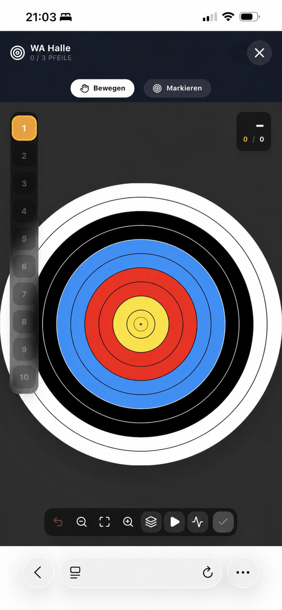 Targetplotter der App, vor der Aufnahme der ersten Treffer