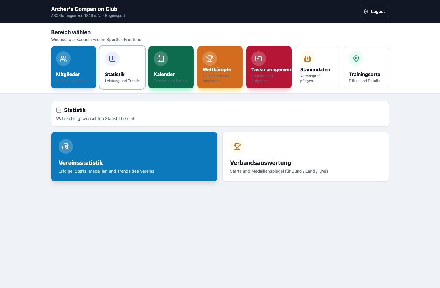 Club-Portal mit Vereinsmodulen und zusammengefassten Statistiken